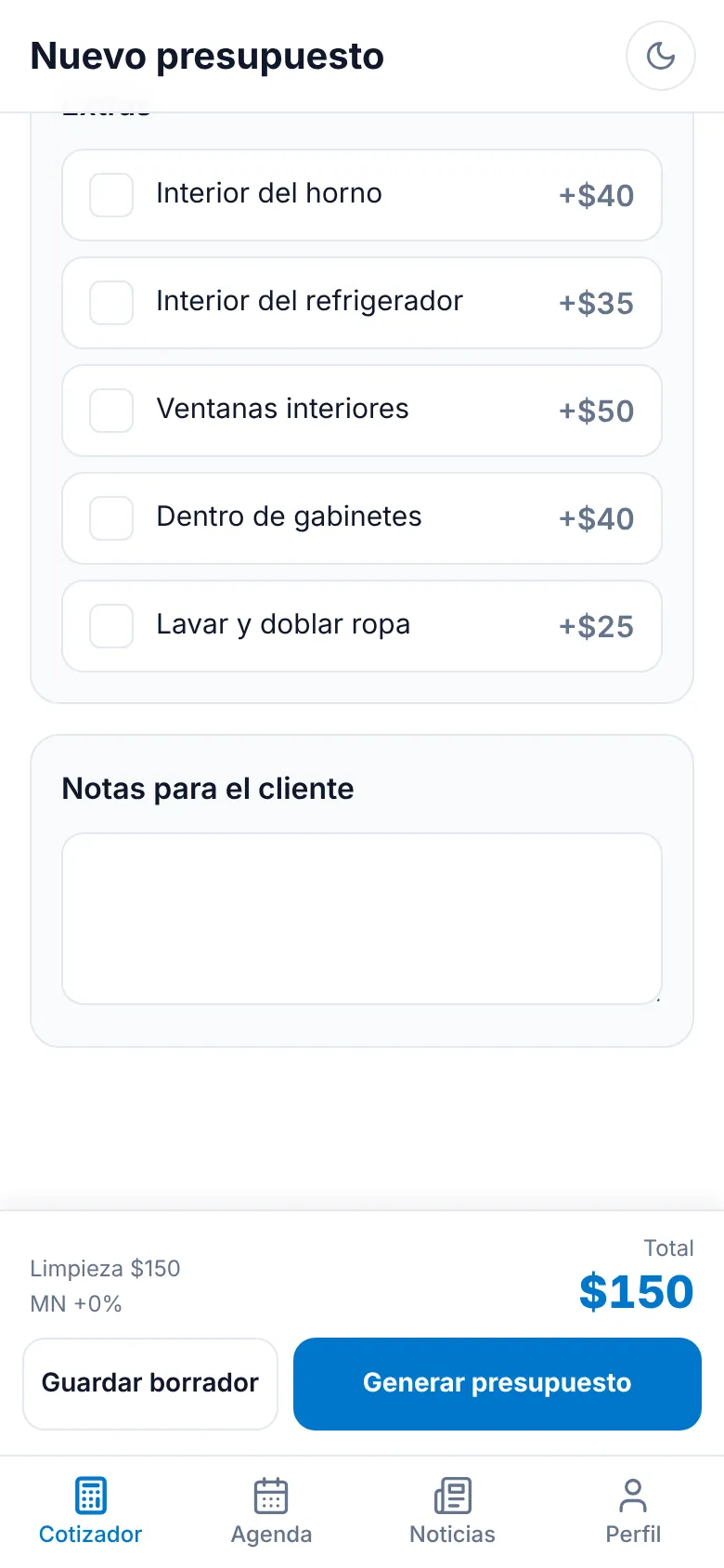 Extras con precio y total del presupuesto