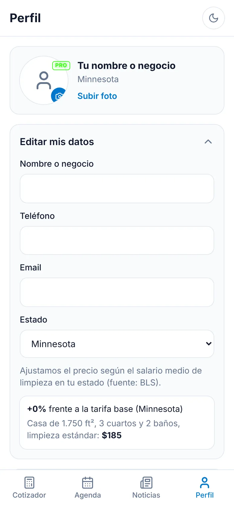 Perfil con el ajuste de precio por estado