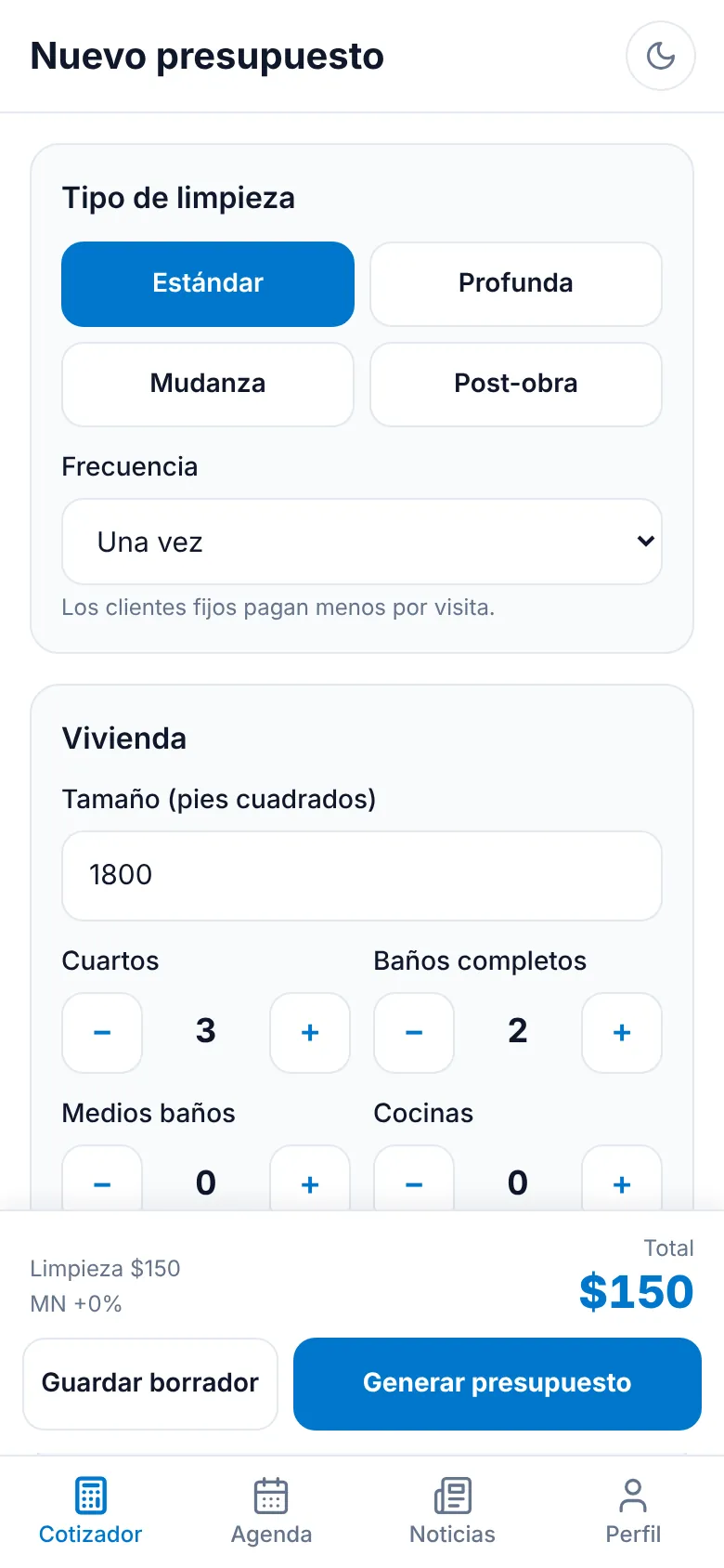 Nuevo presupuesto: tipo de limpieza, frecuencia y vivienda