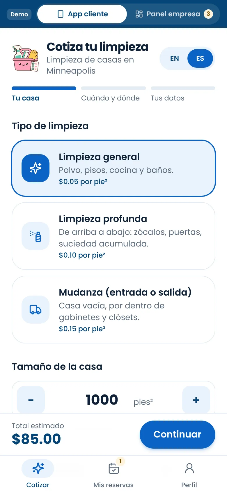 Cotizador: tipo de limpieza y tamaño de la casa con el total en vivo