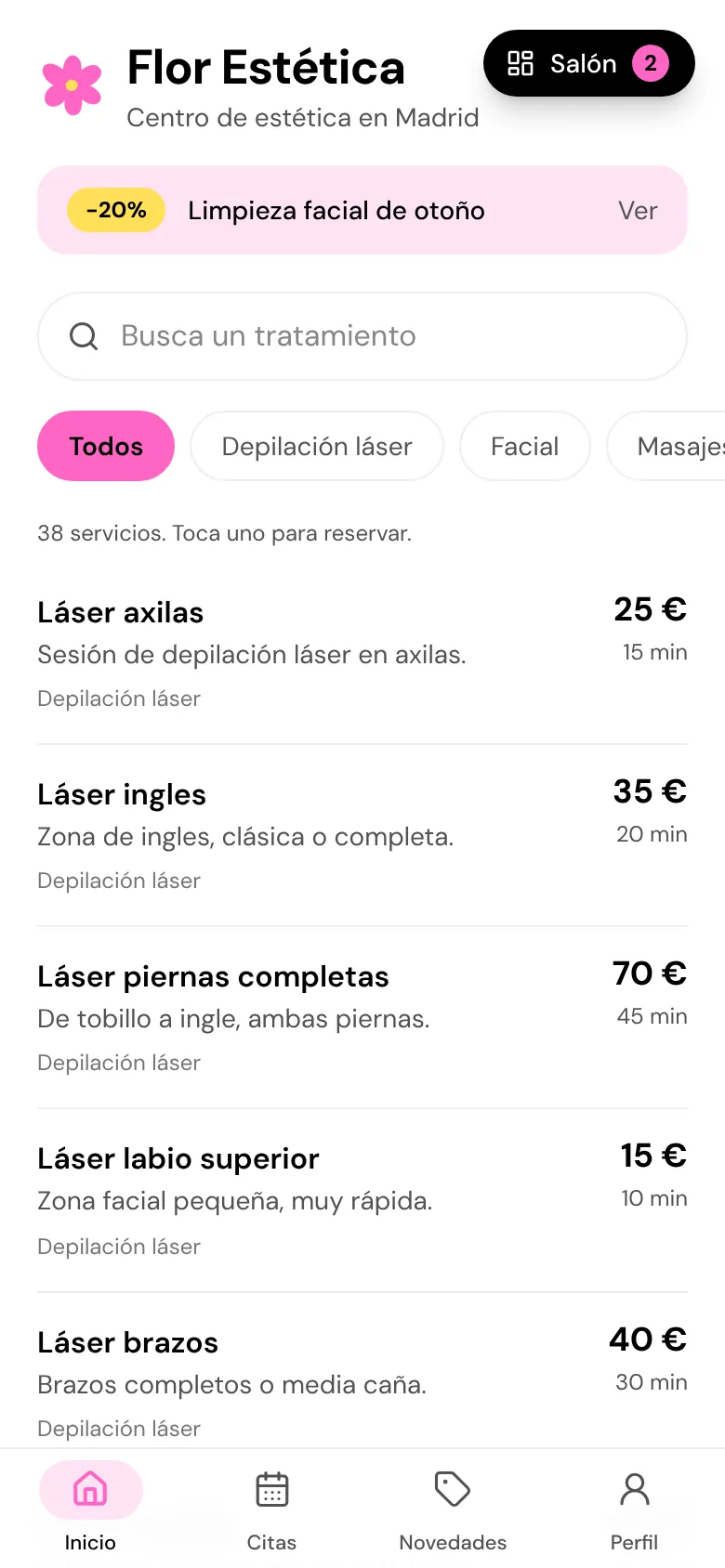 Buscador de tratamientos con precio y duración