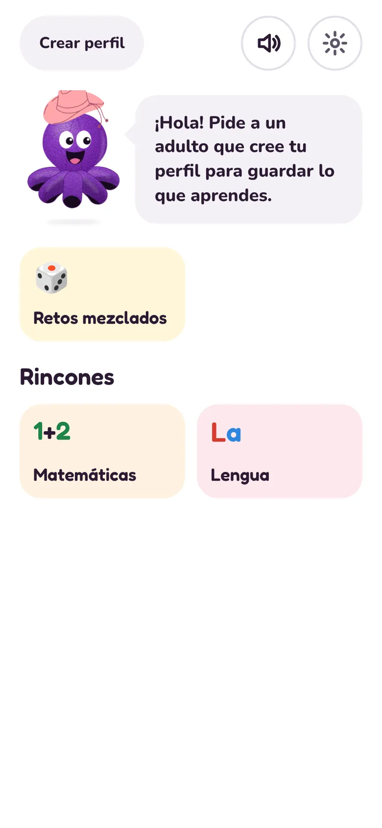 Pantalla de inicio de Pulpiño con los rincones de Matemáticas y Lengua