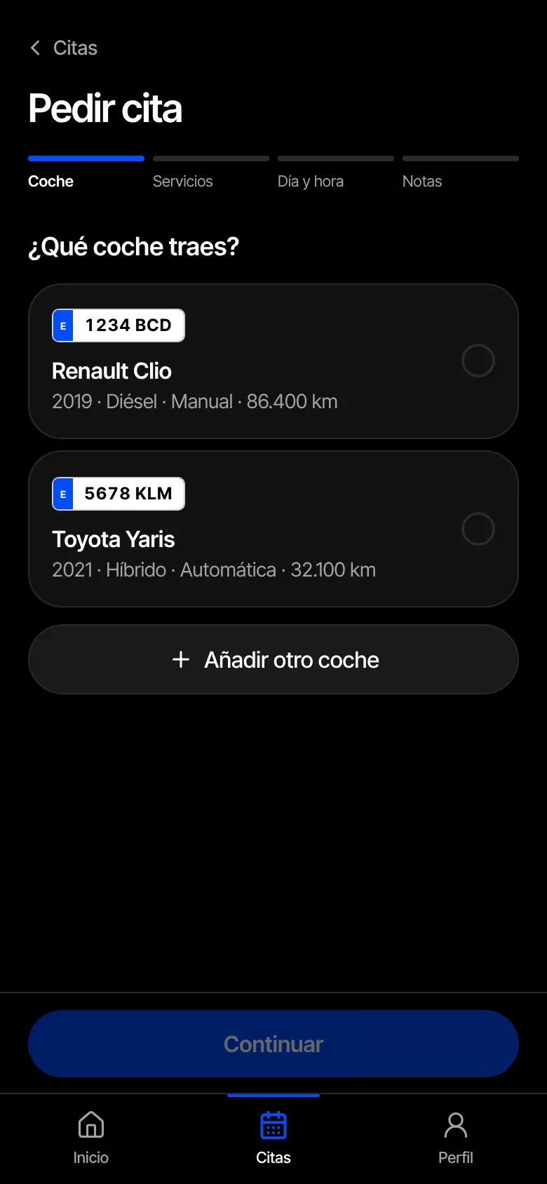 Pedir cita: elegir el coche
