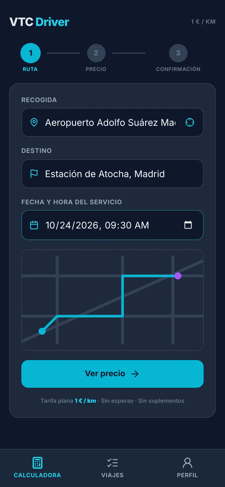 Paso 1: recogida, destino, fecha y ruta en el mapa