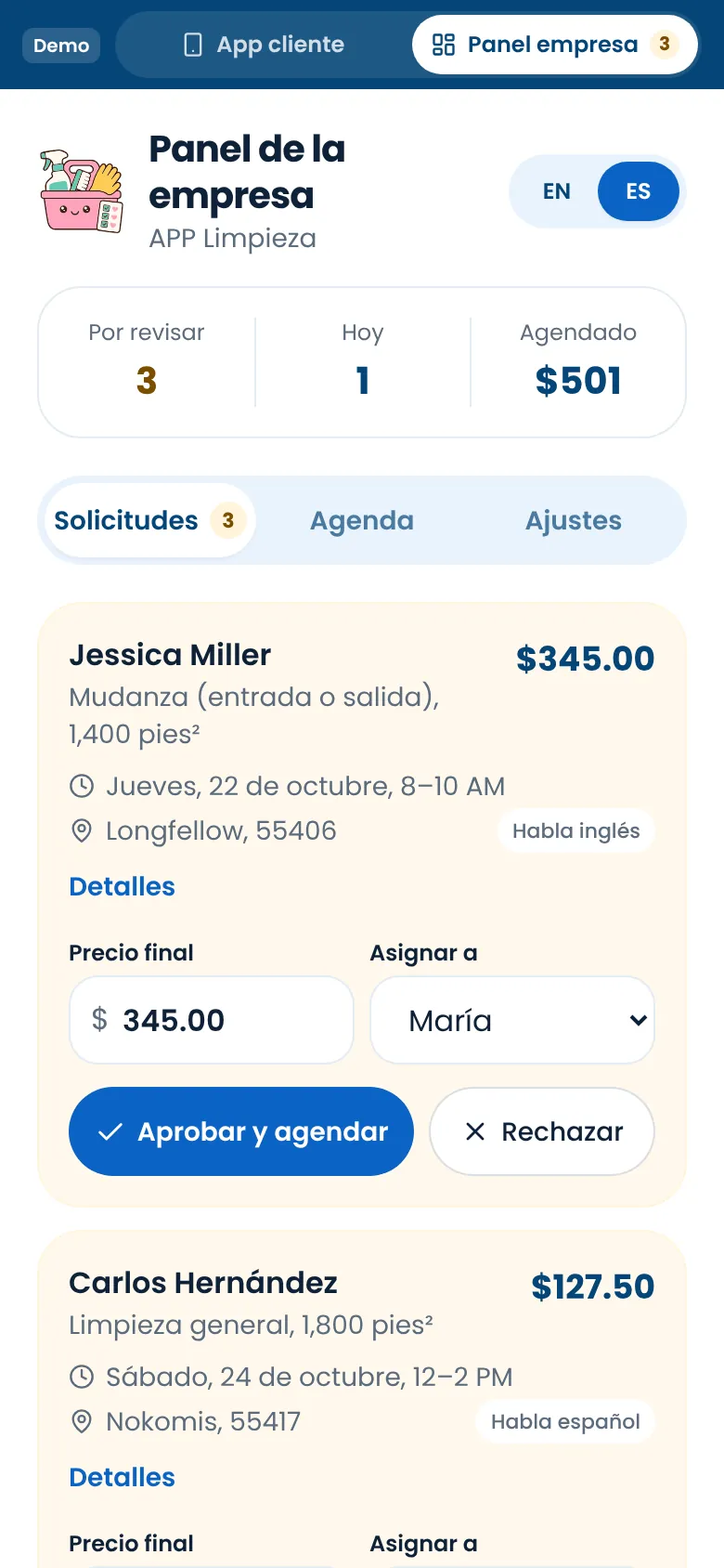 Panel de la empresa: solicitudes para aprobar y asignar