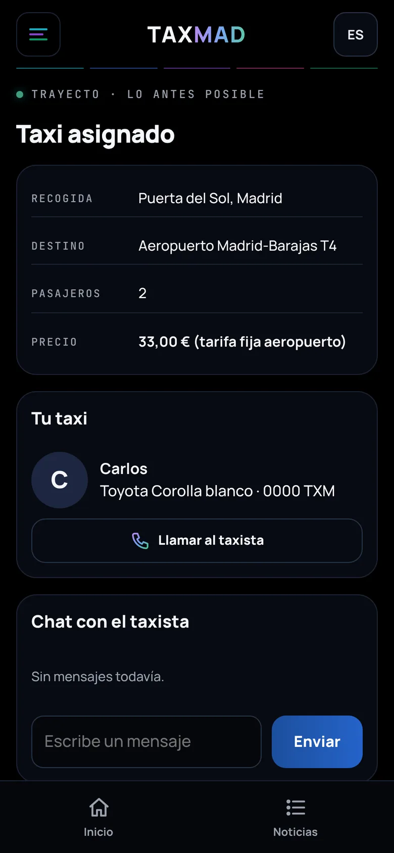 Taxi asignado: coche, matrícula, llamada y chat