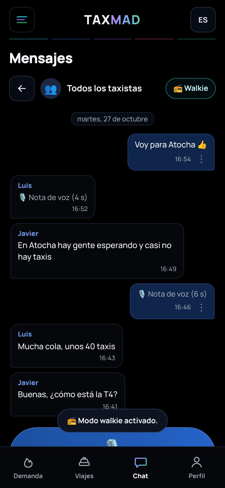 Chat entre taxistas con notas de voz y modo walkie