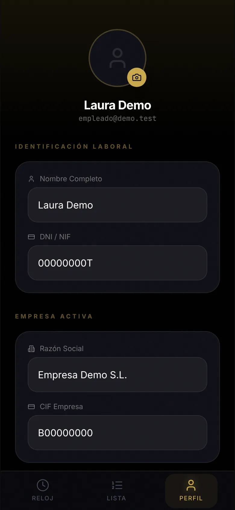 Perfil con los datos laborales y de la empresa