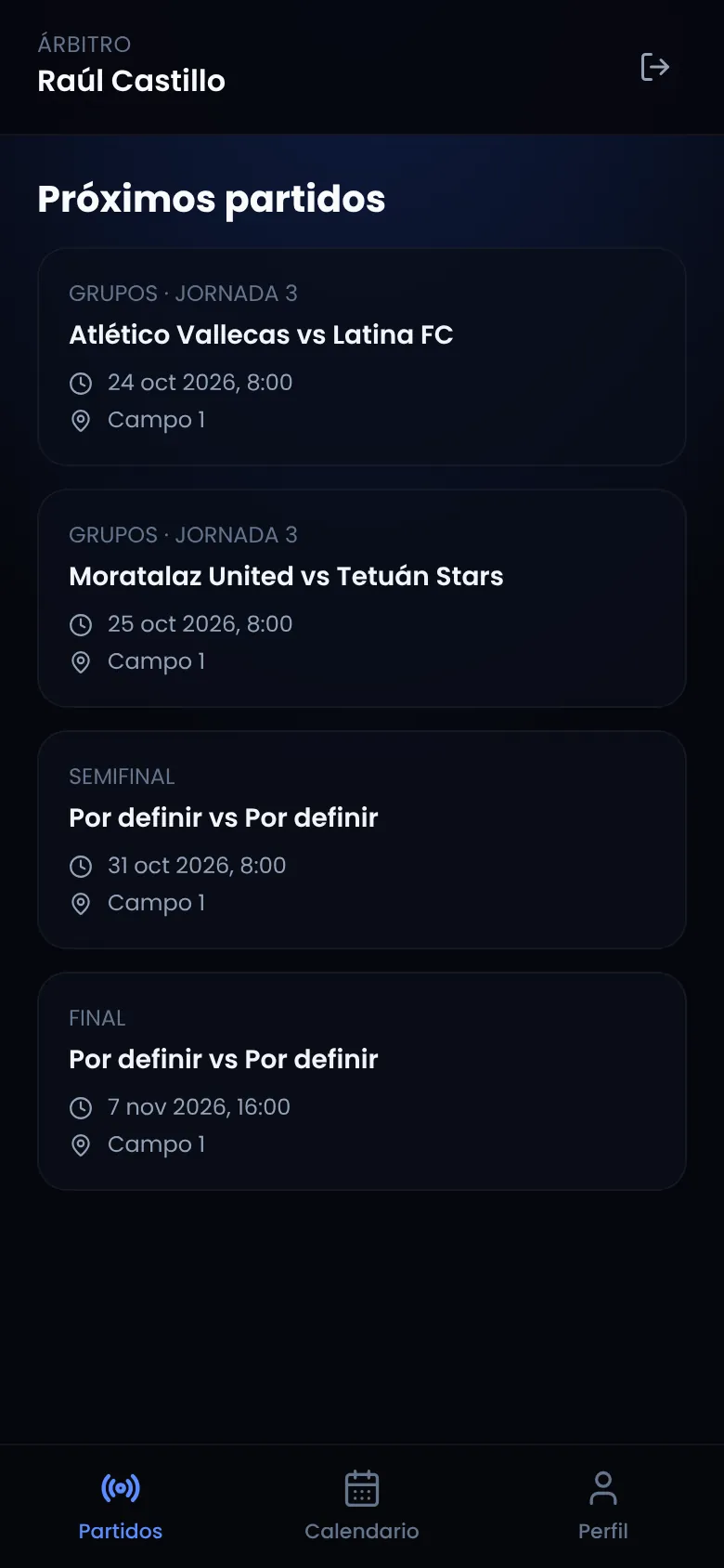Panel del árbitro con sus próximos partidos