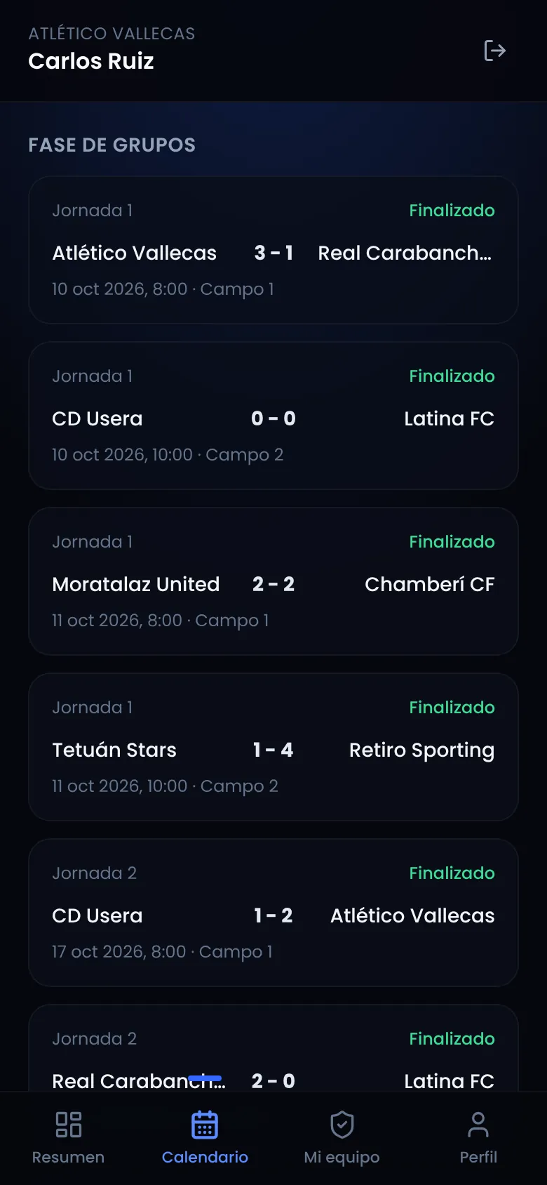 Calendario con los resultados de la fase de grupos