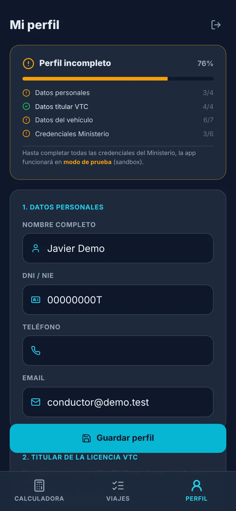 Perfil del conductor con el progreso de los datos
